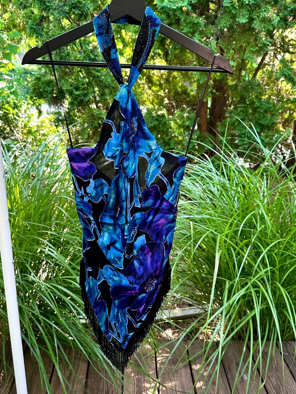 Vintage Cache' Floral Halter Beaded Fringe Silk Blend Handkerchief Tank Top